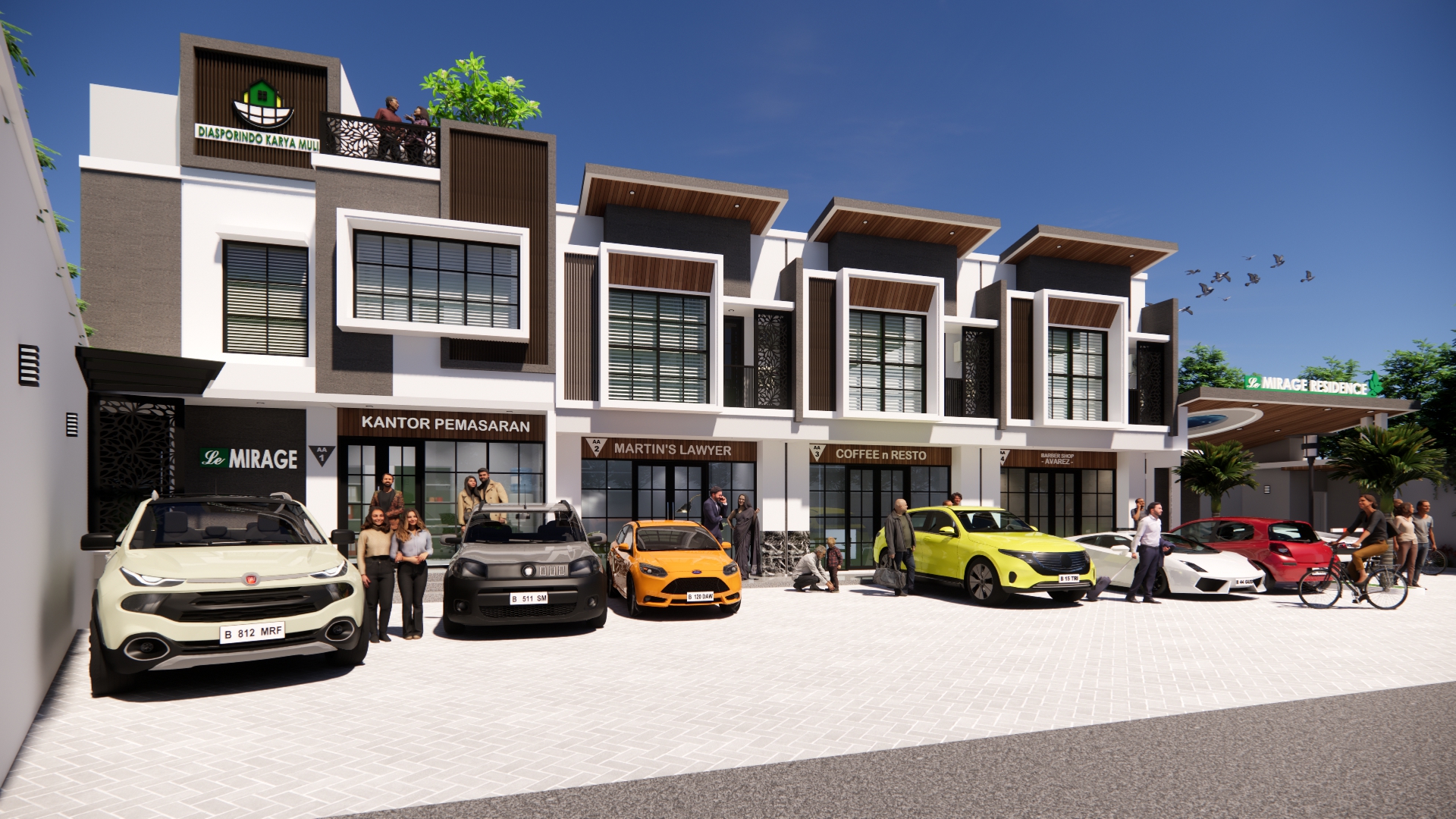 Bird's-eye view of a modern stylish housing community with green landscaping and cars parked on the street